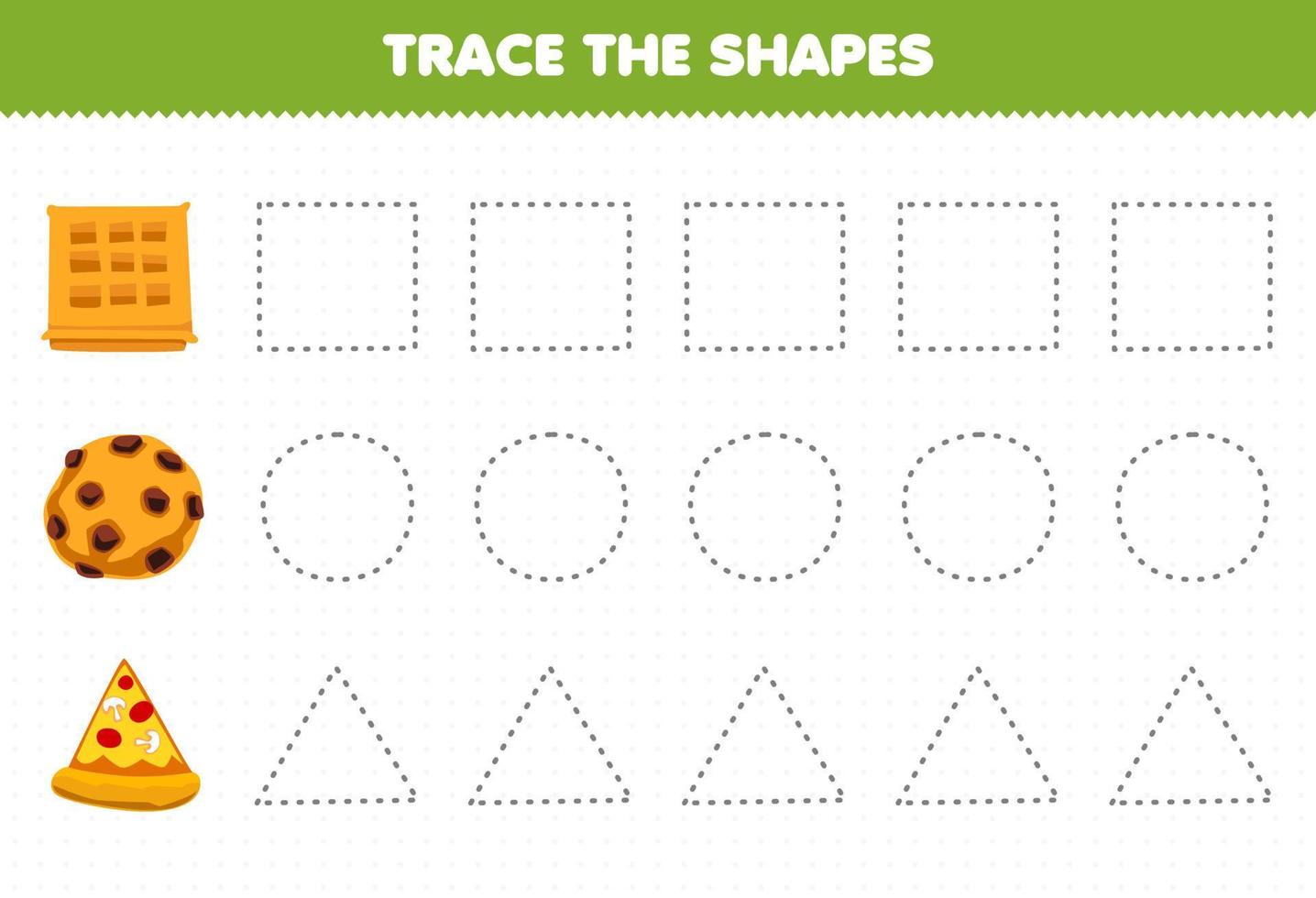 Education game for children trace the shapes square waffle triangle pizza slice circle cookie printable worksheet vector