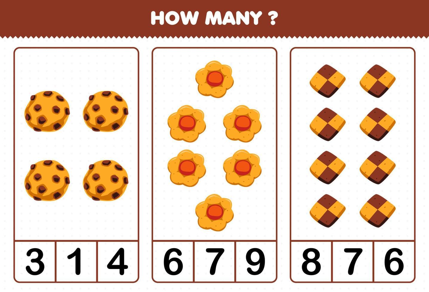 Education game for children counting how many cartoon food biscuit cookie vector