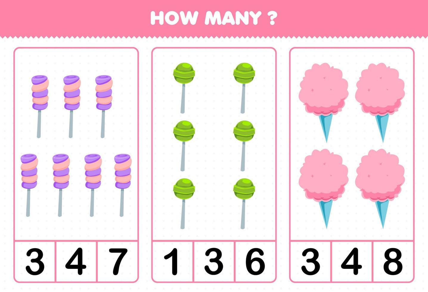 juego educativo para niños contando cuántos dulces de comida de dibujos animados vector