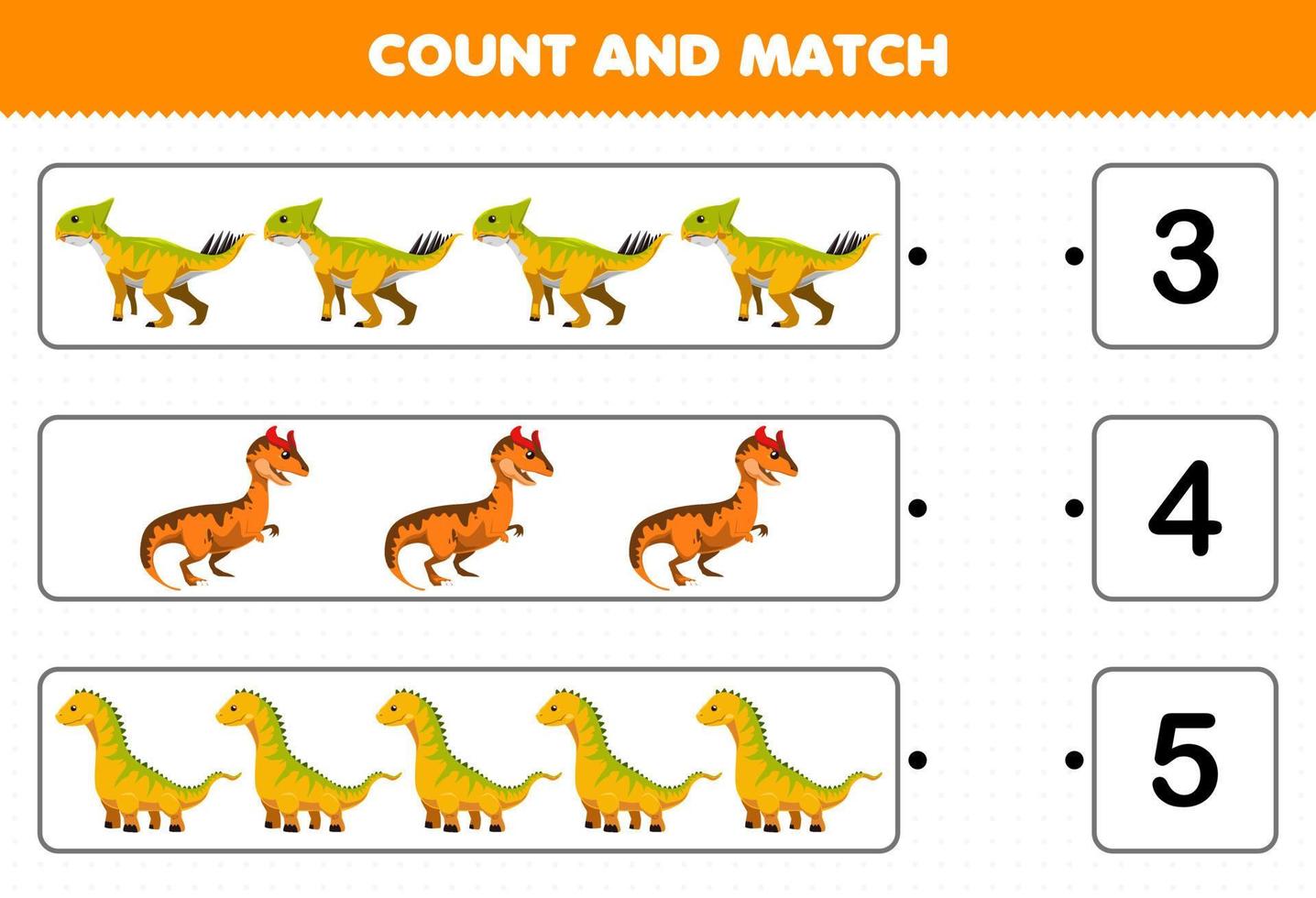 Education game for children count and match count the number of cartoon prehistoric orange yellow dinosaur and match with the right numbers printable worksheet vector