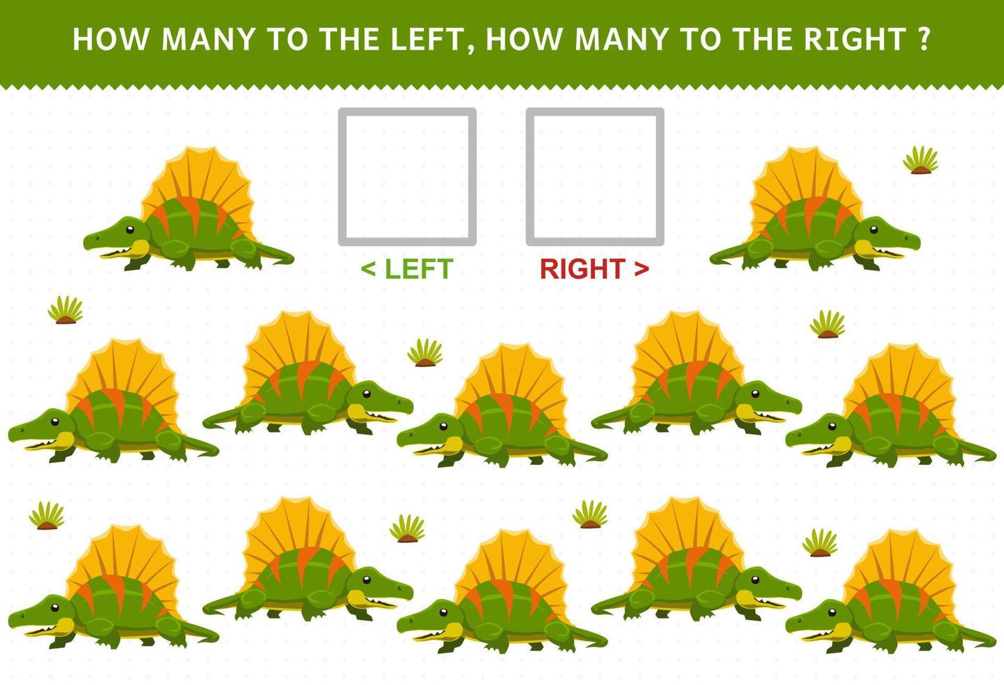 Education game for children of counting left and right picture with cute cartoon prehistoric dinosaur dimetrodon vector