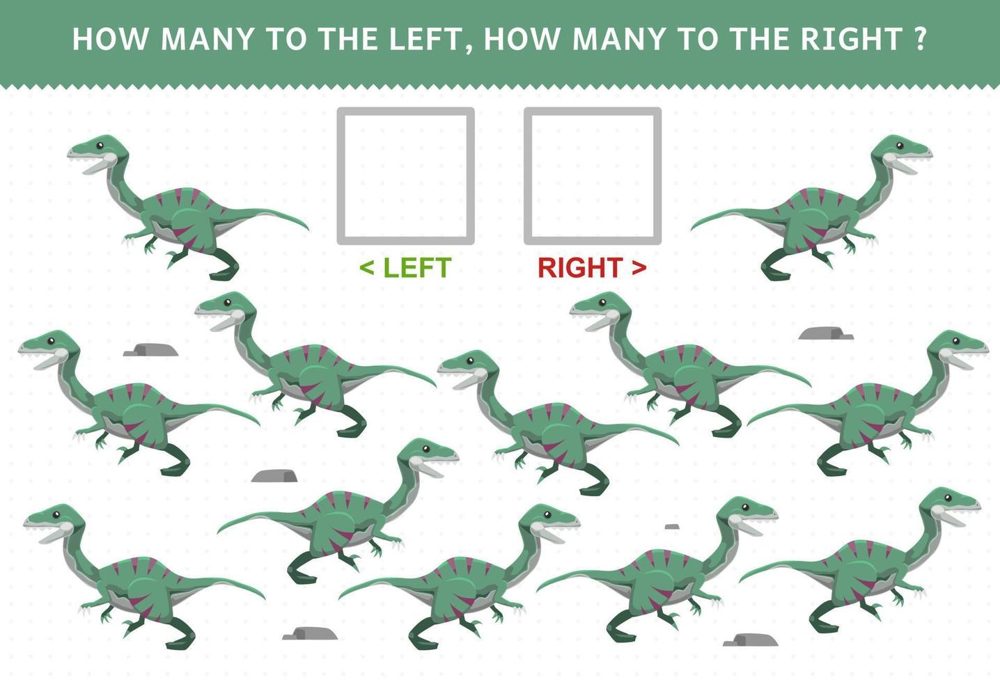 Education game for children of counting left and right picture with cute cartoon prehistoric dinosaur velociraptor vector