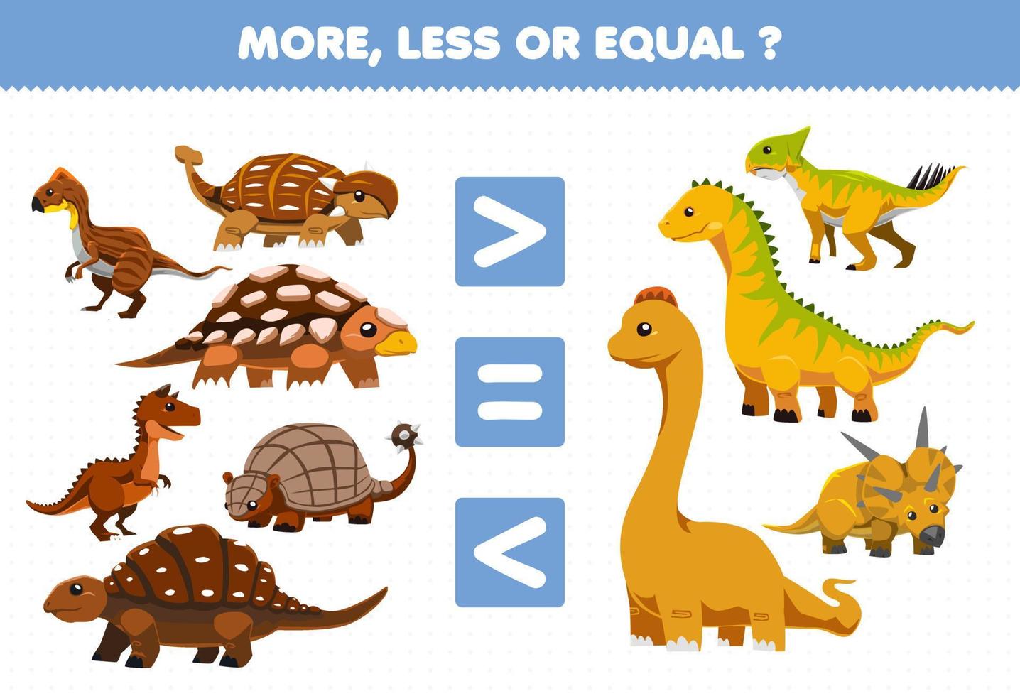 Education game for children more less or equal count the amount of cute cartoon prehistoric brown and yellow dinosaurs vector