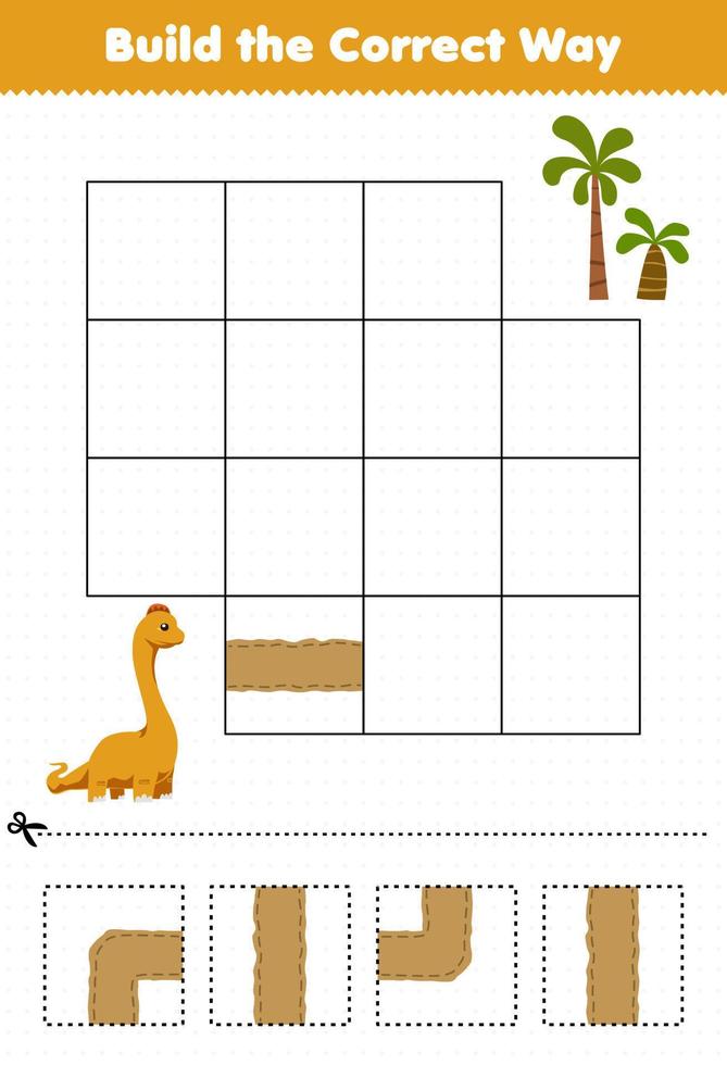 Education game for children build the correct way help cute prehistoric dinosaur brontosaurus move to tree vector