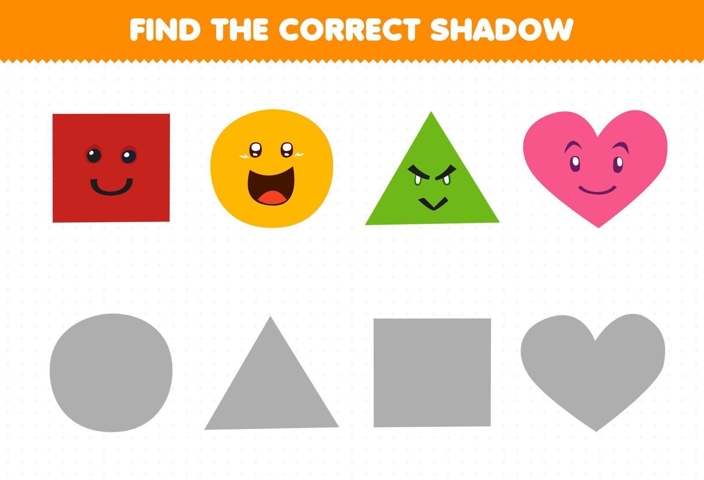 juego educativo para niños encontrar la sombra correcta conjunto de dibujos animados lindo forma geométrica cuadrado círculo triángulo corazón vector