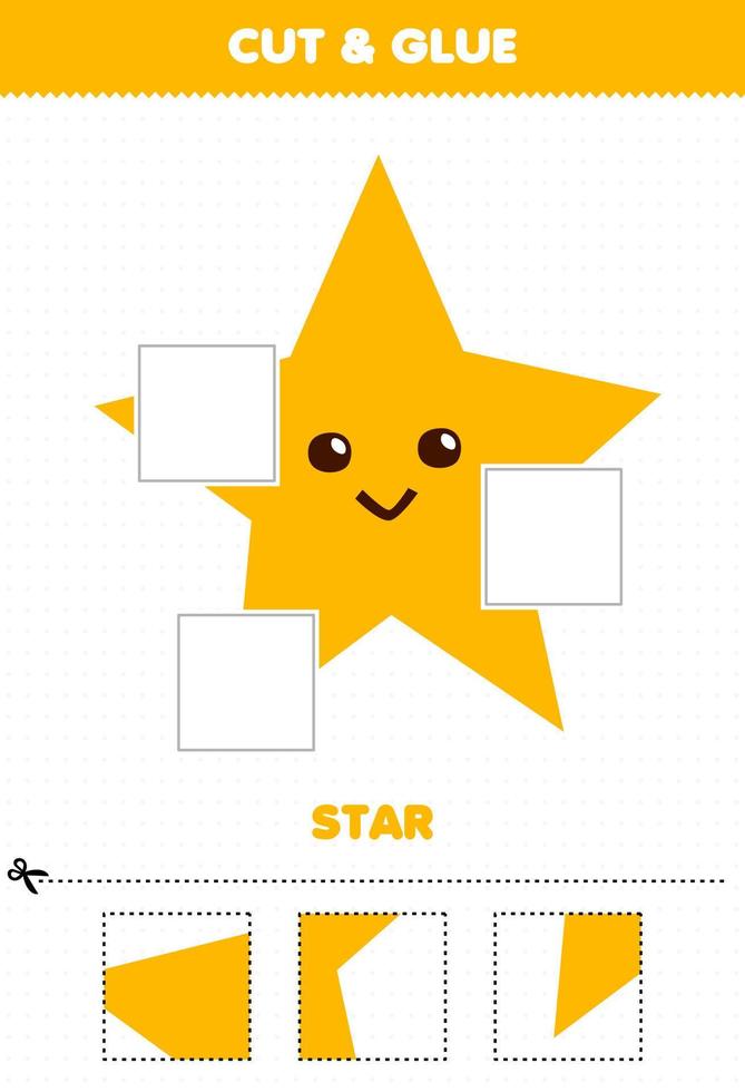 Education game for children cut and glue cut parts of cute cartoon geometric shape star and glue them printable worksheet vector