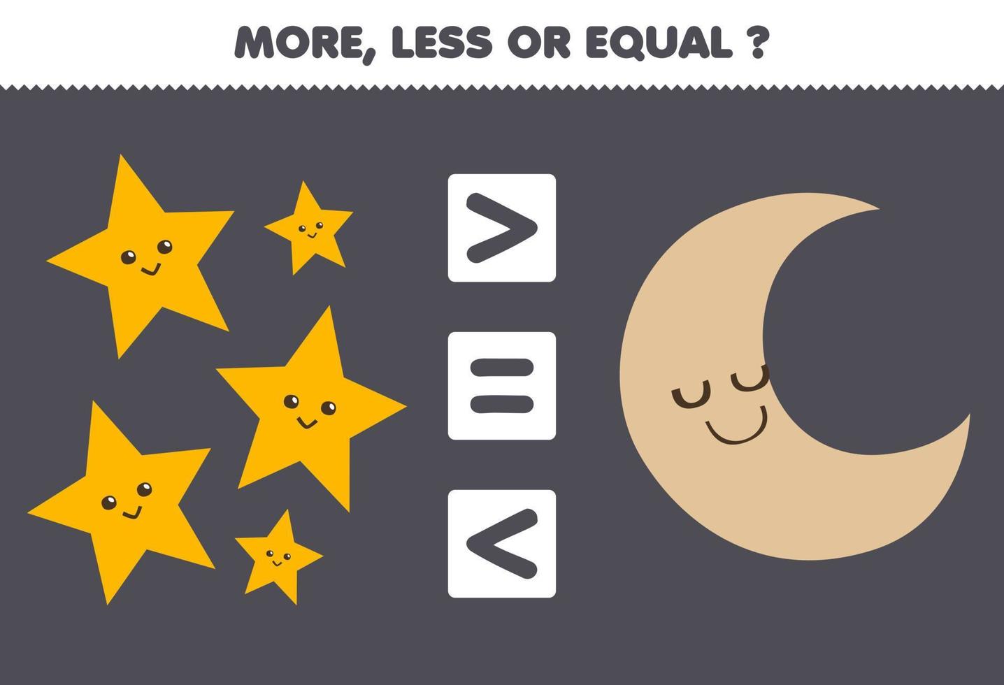 Education game for children more less or equal count the amount of cute cartoon geometric shape star and crescent vector