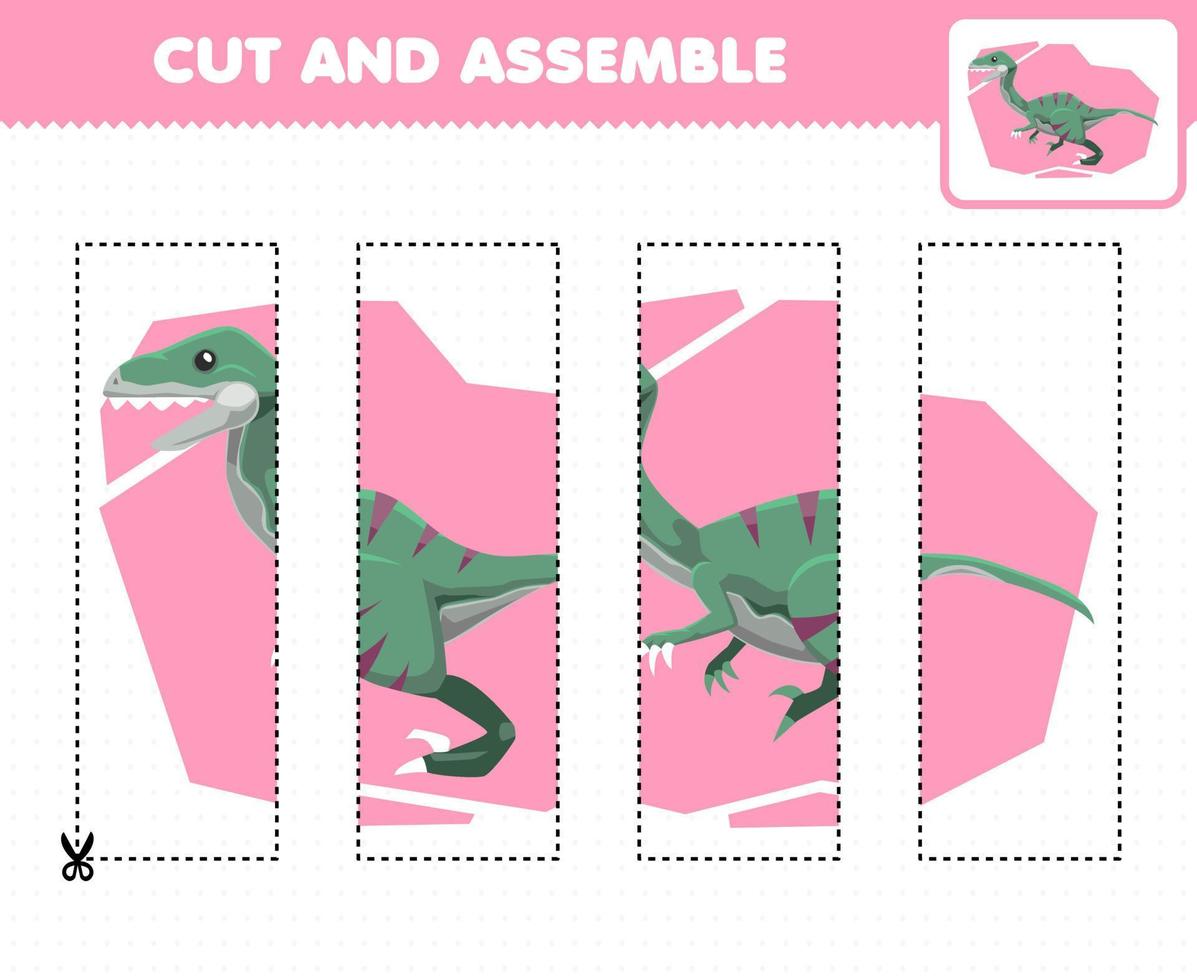 Education game for children cutting practice and assemble puzzle with cartoon prehistoric dinosaur velociraptor vector