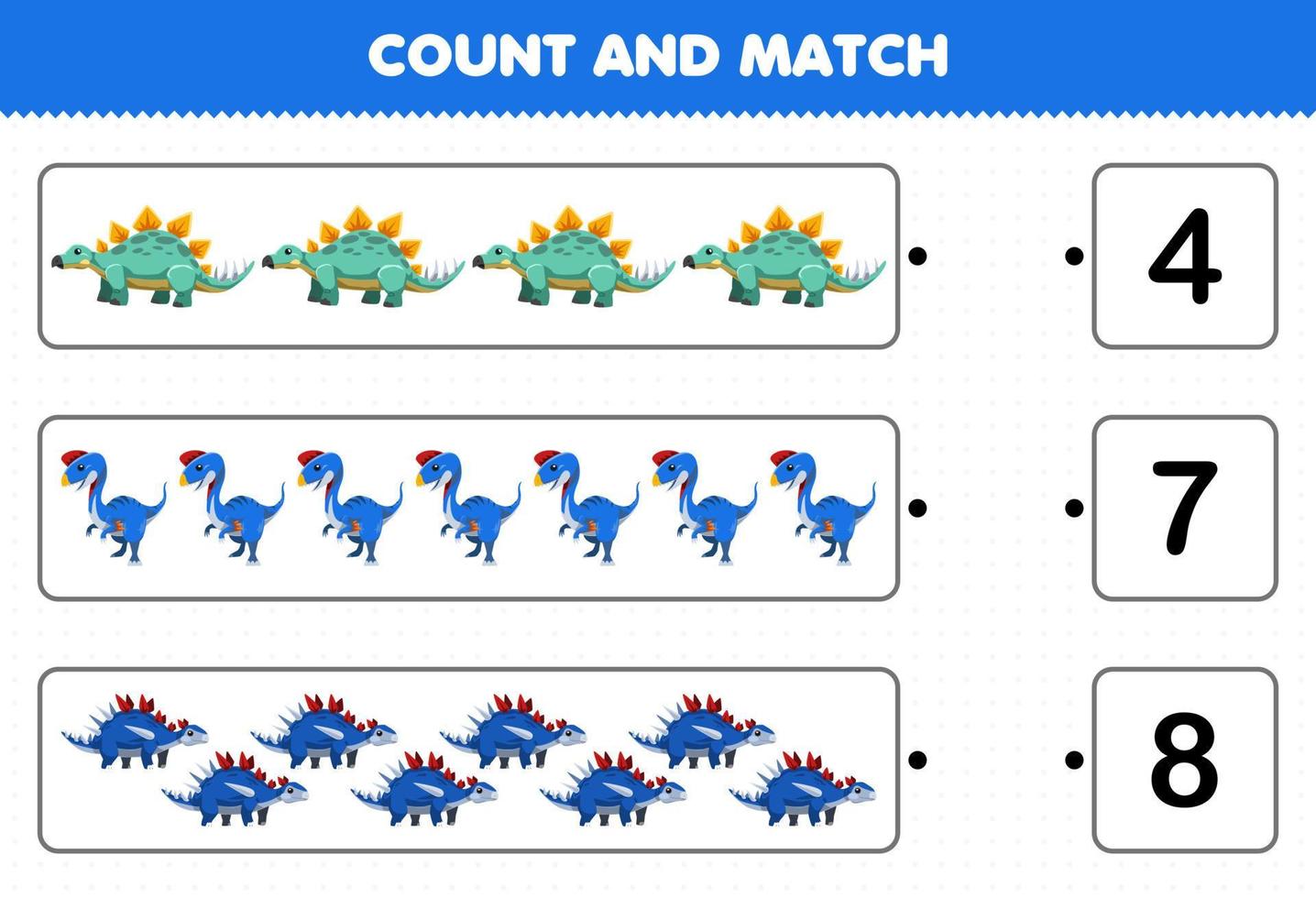 juego educativo para niños contar y combinar contar el número de dinosaurios  azules prehistóricos de dibujos animados y combinar con los números  correctos hoja de trabajo imprimible 9639110 Vector en Vecteezy
