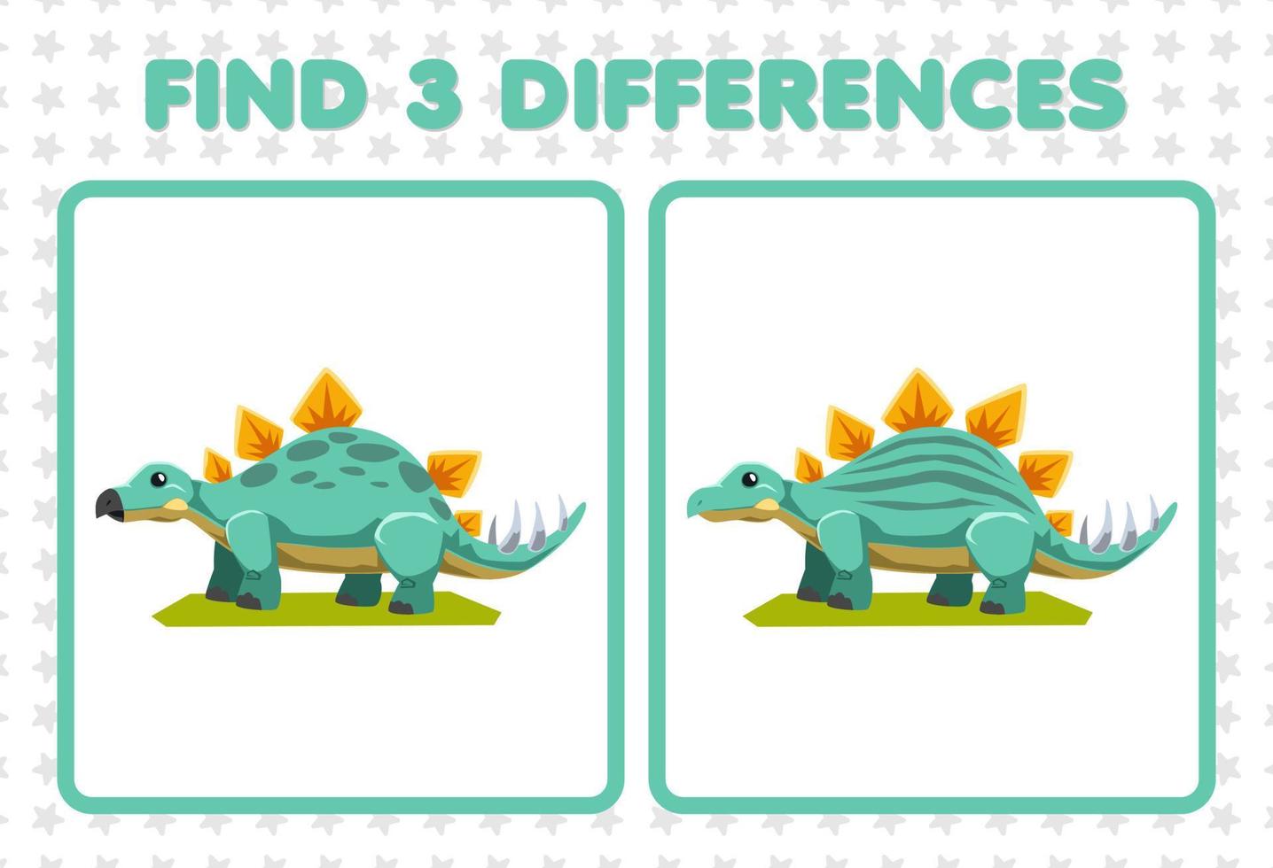 Education game for children find three differences between two cute prehistoric dinosaur stegosaurus vector
