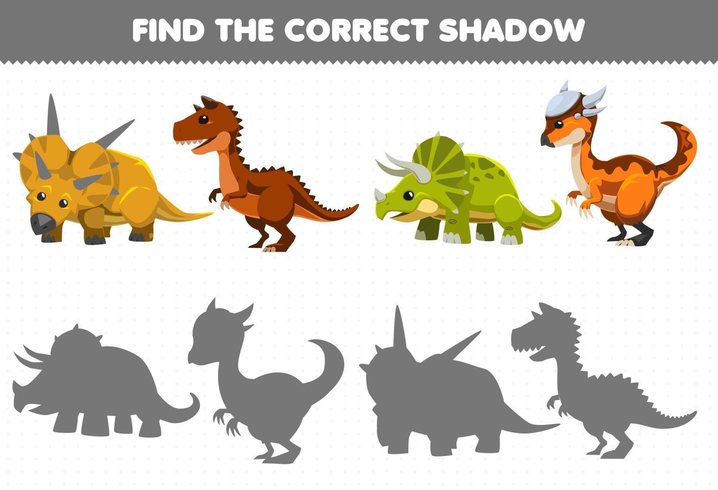 juego educativo para niños encuentra el juego de sombras correcto de lindo dinosaurio prehistórico de dibujos animados con cuerno vector