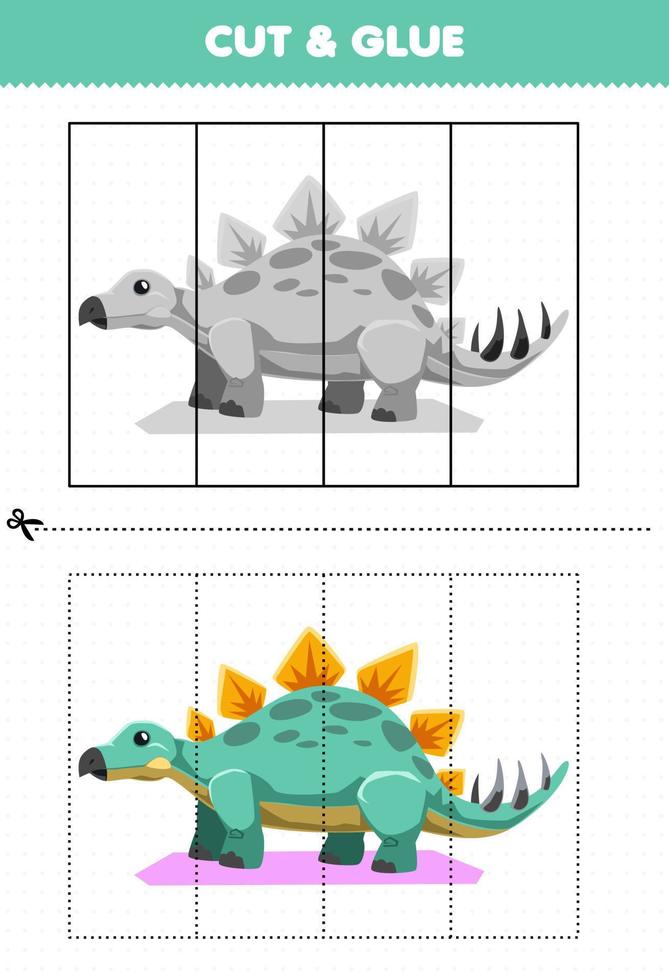 juego educativo para niños cortar y pegar con dibujos animados lindo dinosaurio prehistórico estegosaurio vector