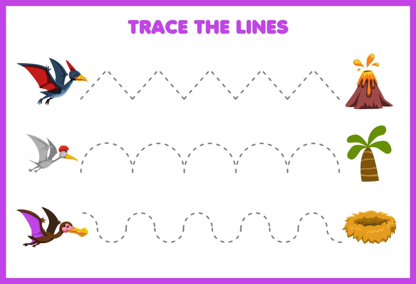 Education game for children handwriting practice trace the lines move cute cartoon prehistoric flying dinosaur vector