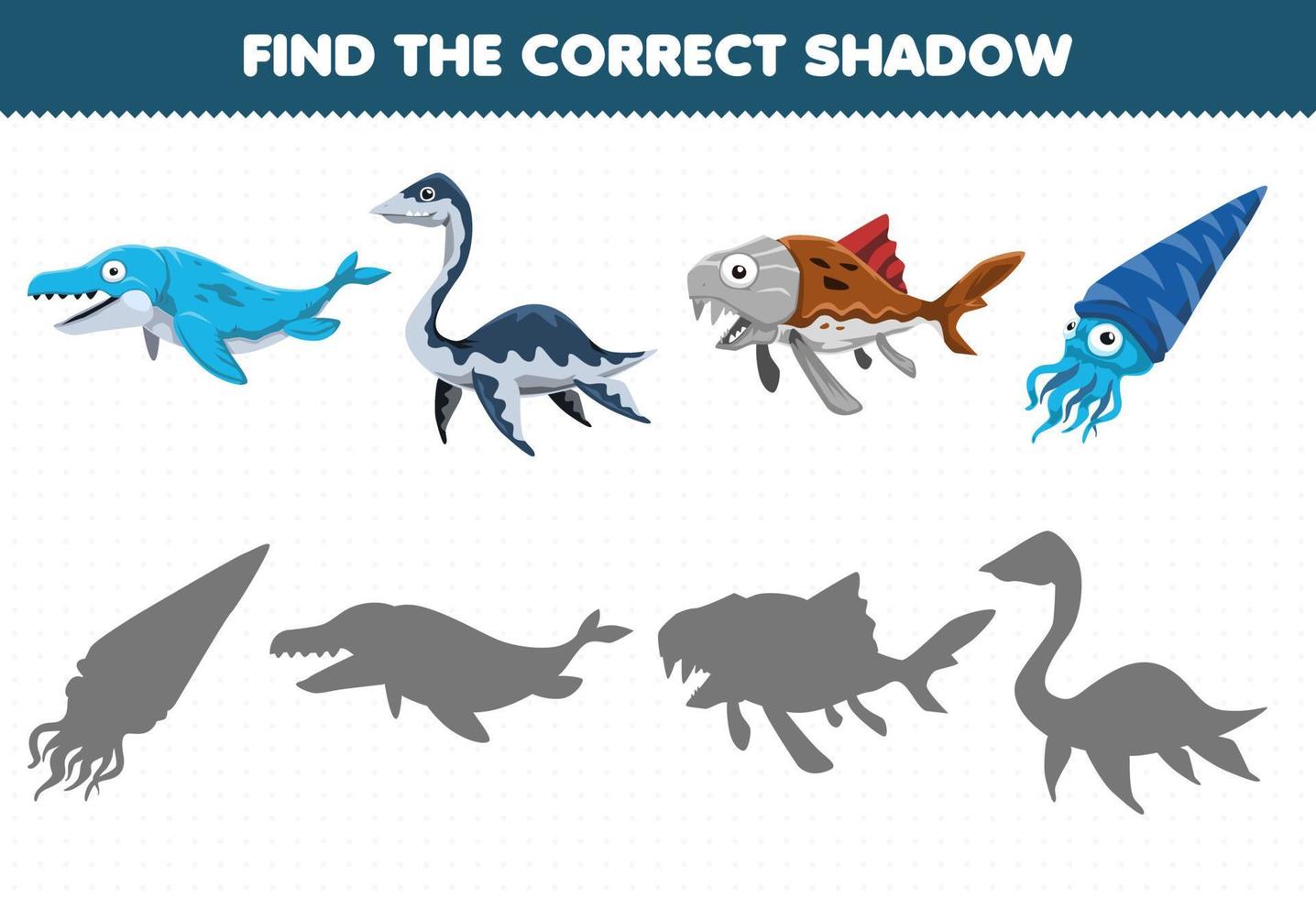 juego educativo para niños encuentra el juego de sombras correcto de dinosaurio de agua prehistórico de dibujos animados lindo vector