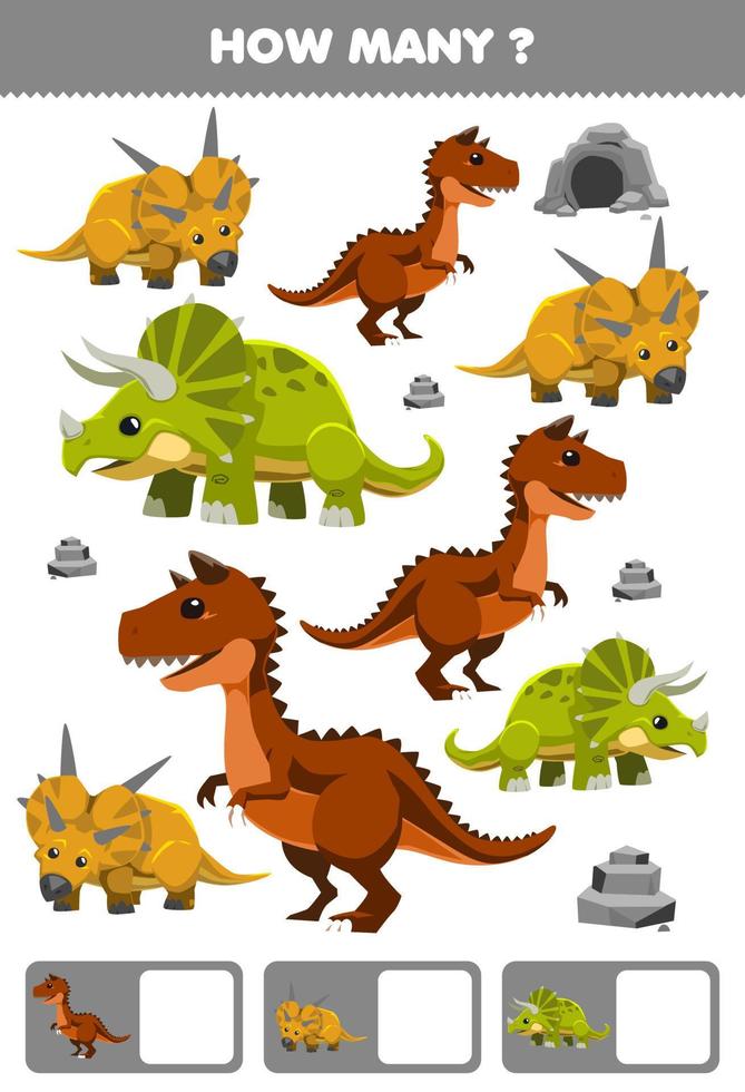 juego educativo para niños buscando y contando actividad para preescolar cuántos dibujos animados dinosaurio prehistórico carnotaurus triceratops xenoceratops vector