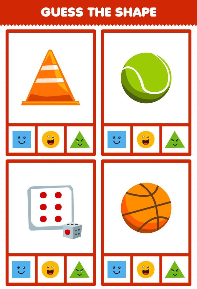 juego educativo para niños adivinar la forma figuras geométricas y objetos  cuadrados dados círculo tenis baloncesto triángulo cono de tráfico hoja de  trabajo 9639137 Vector en Vecteezy