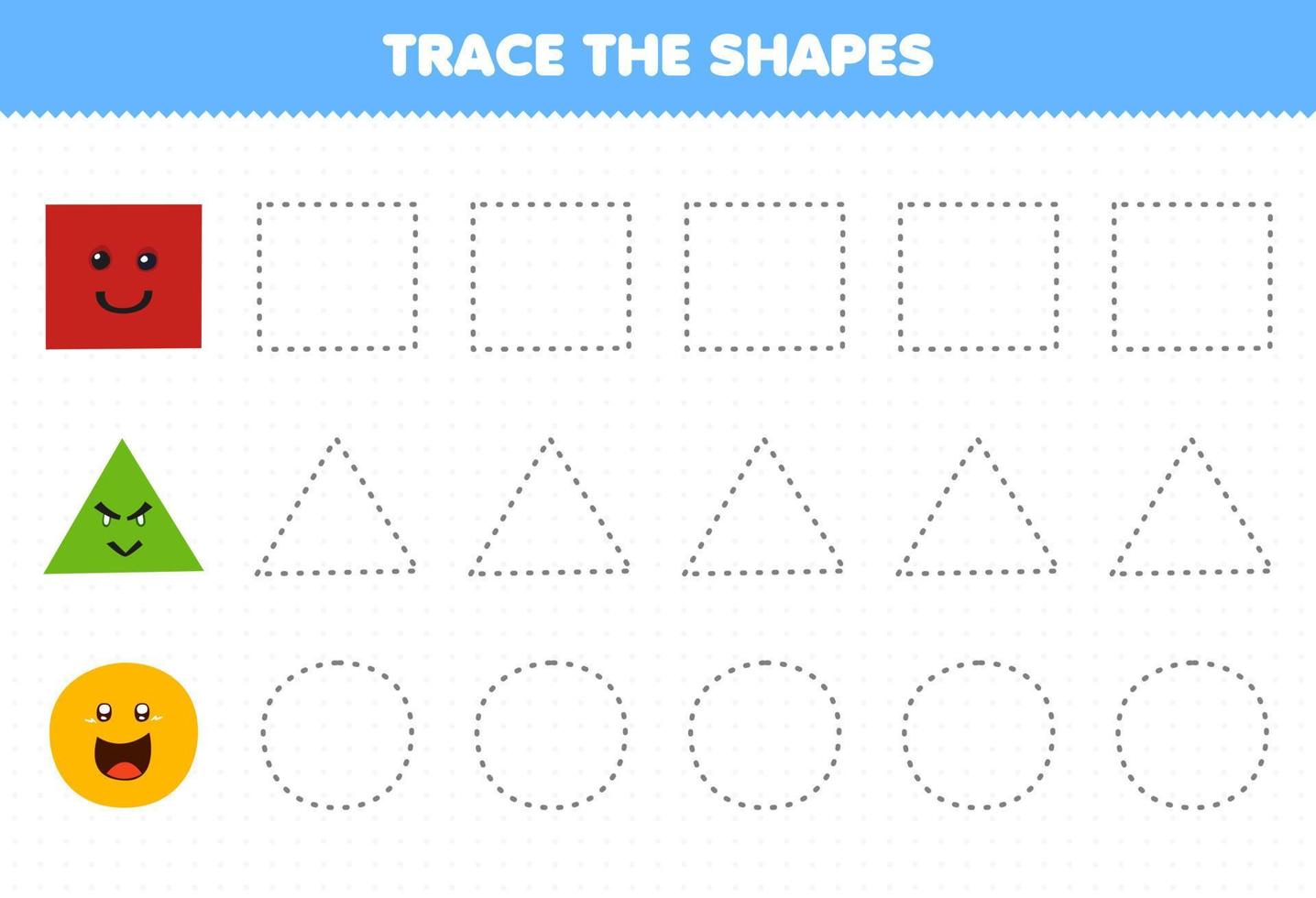 juego educativo para niños trazar las formas cuadrado triángulo círculo hoja de trabajo imprimible vector