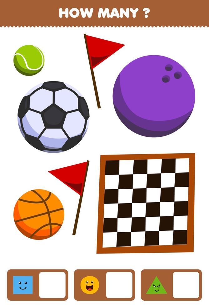  juego educativo para niños buscando y contando cuántos objetos como forma geométrica cuadrado círculo triángulo dibujos animados cesta bolos tenis pelota de fútbol tablero de ajedrez bandera   Vector en Vecteezy