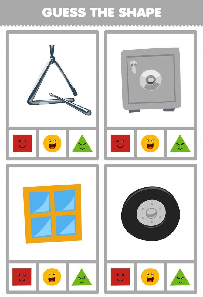 Education game for children guess the shape geometric figures and objects square safe box window circle tire wheel triangle worksheet vector
