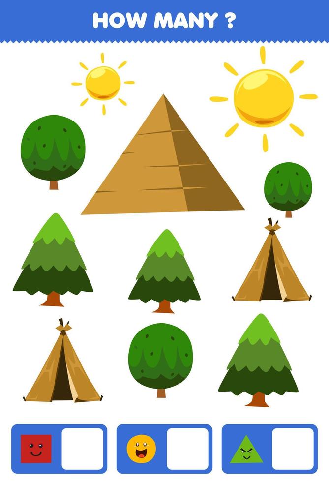 Education game for children searching and counting how many objects like geometric shape square circle triangle cartoon tent pyramid tree sun vector