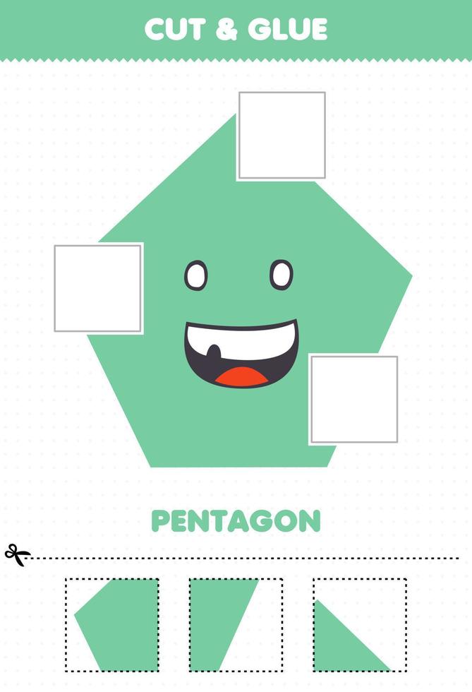 Education game for children cut and glue cut parts of cute cartoon geometric shape pentagon and glue them printable worksheet vector