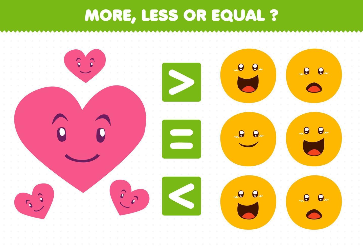 Education game for children more less or equal count the amount of cute cartoon geometric shape heart and circle vector