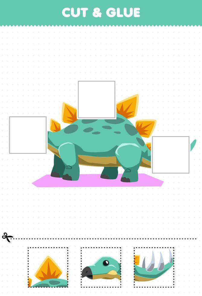 Education game for children cut and glue cut parts of cute cartoon prehistoric dinosaur stegosaurus and glue them printable worksheet vector