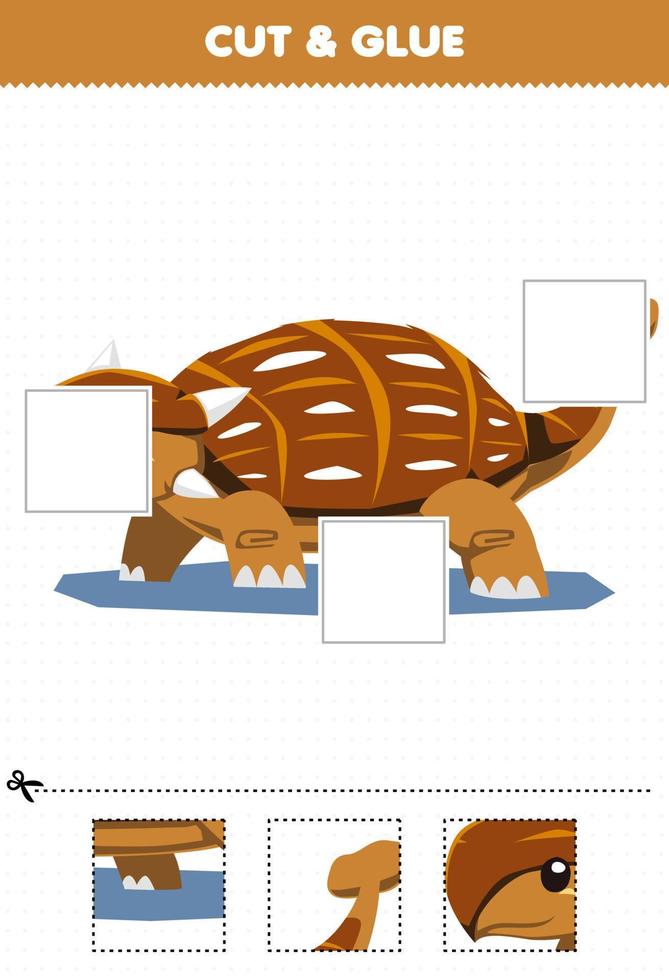 juego educativo para niños corte y pegue partes cortadas de dibujos animados lindo dinosaurio prehistórico ankylosaurus y péguelos hoja de trabajo imprimible vector