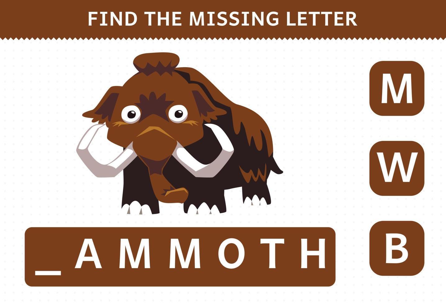 juego educativo para niños encontrar hoja de trabajo de mamut prehistórico de dibujos animados de letras faltantes vector