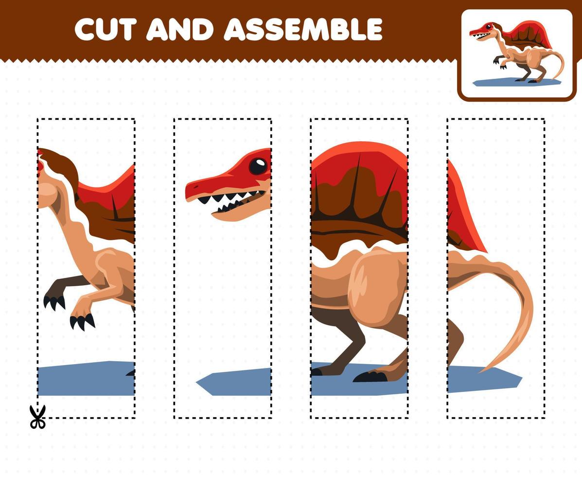 Education game for children cutting practice and assemble puzzle with cartoon prehistoric dinosaur spinosaurus vector