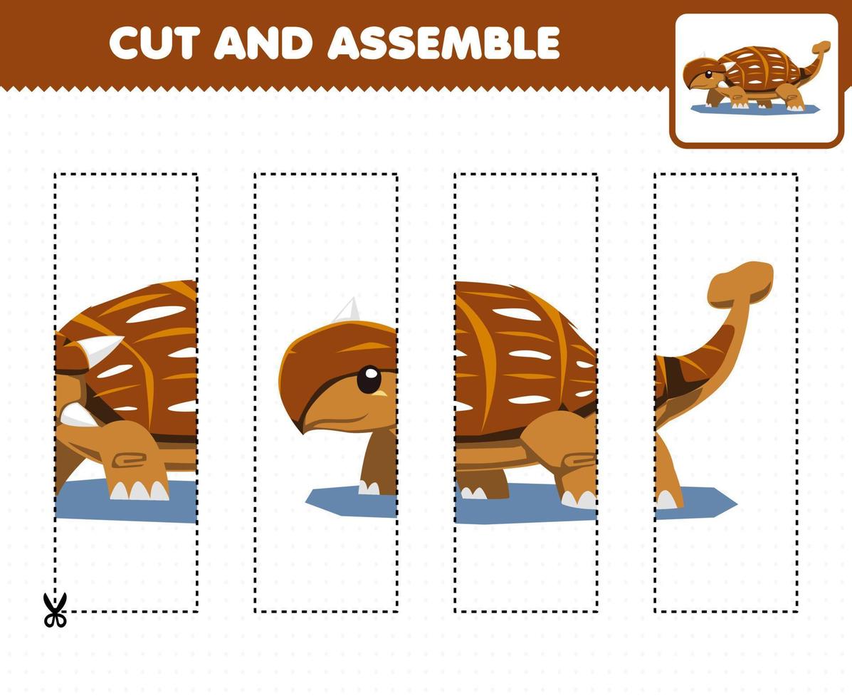 Education game for children cutting practice and assemble puzzle with cartoon prehistoric dinosaur ankylosaurus vector