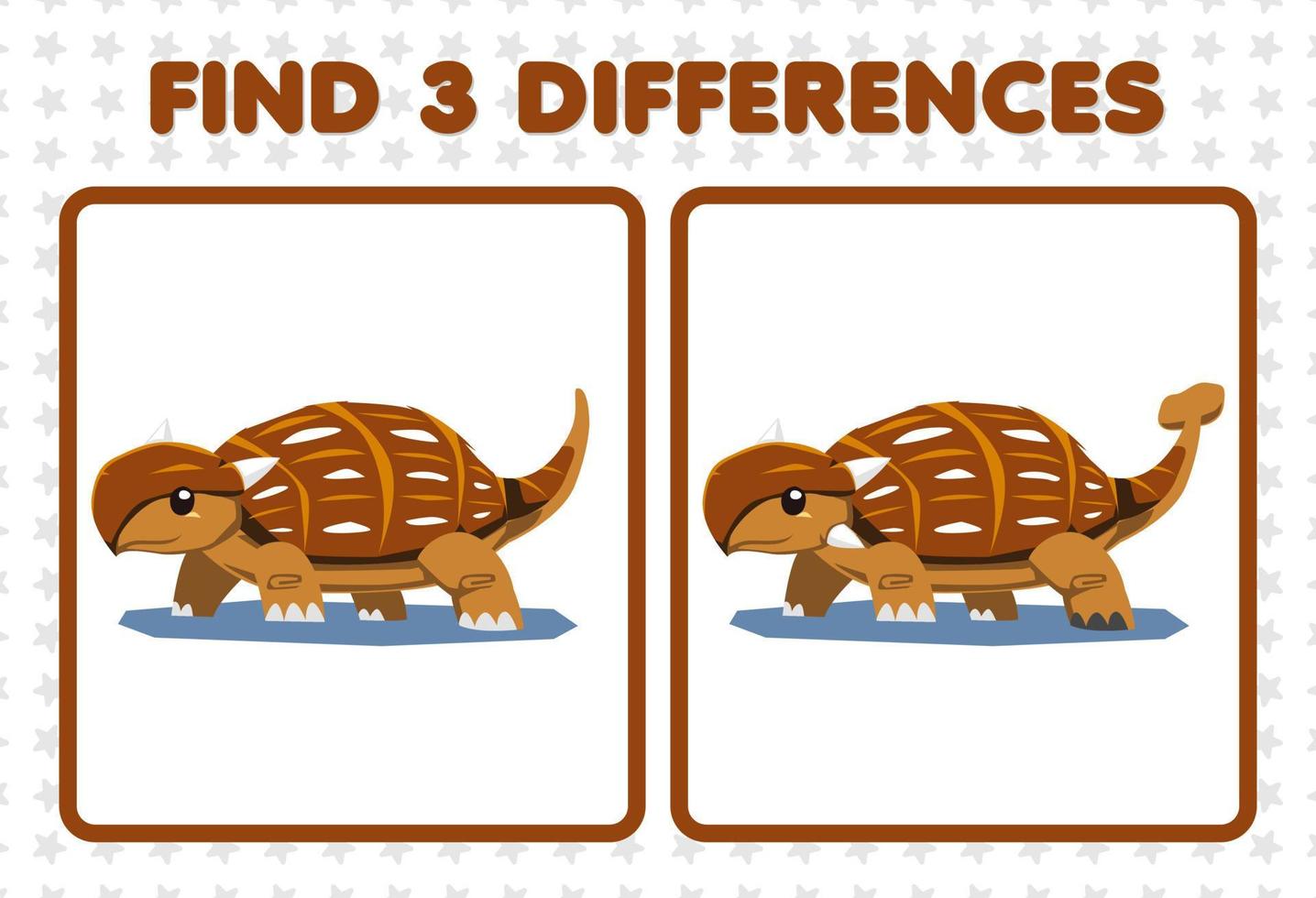 Education game for children find three differences between two cute prehistoric dinosaur ankylosaurus vector