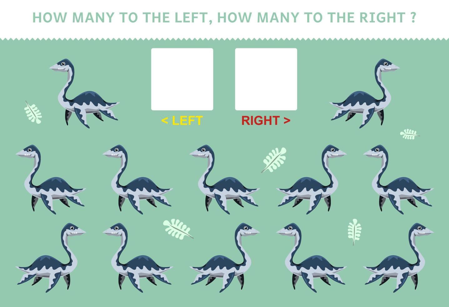 Education game for children of counting left and right picture with cute cartoon prehistoric dinosaur plesiosaur vector