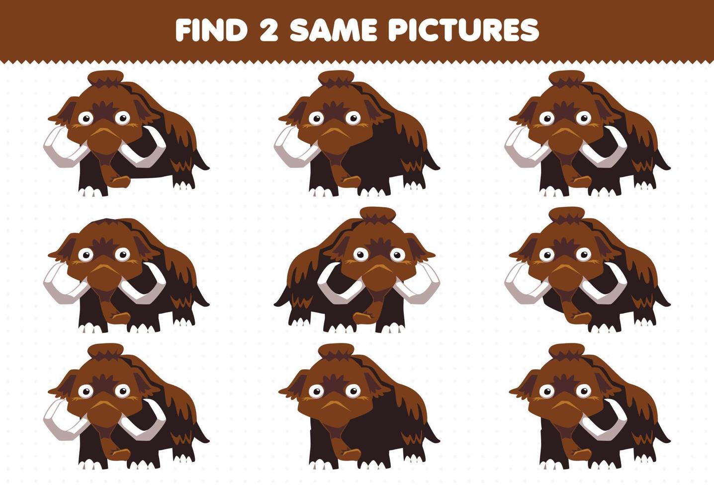Education game for children find two same pictures cute cartoon prehistoric mammoth vector