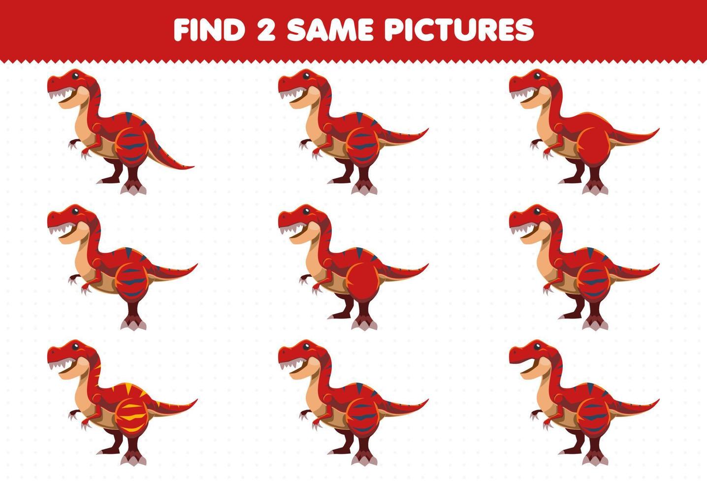 Education game for children find two same pictures cute cartoon prehistoric dinosaur tyrannosaurus vector