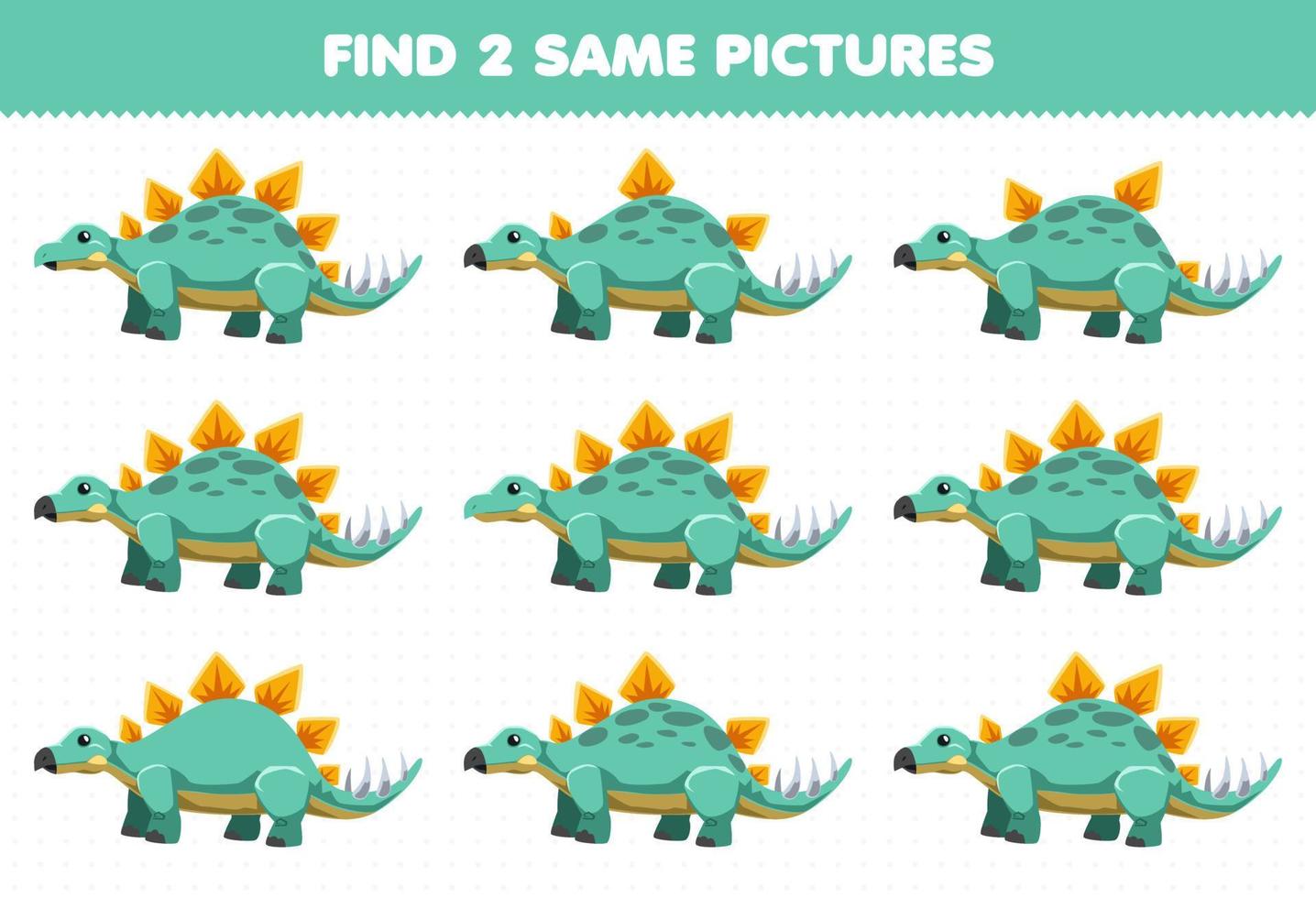 Education game for children find two same pictures cute cartoon prehistoric dinosaur stegosaurus vector