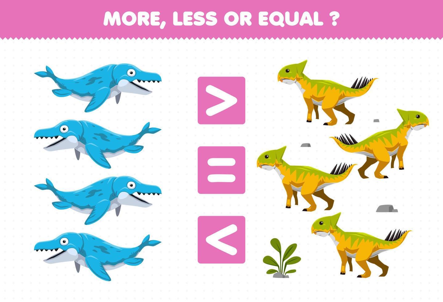 Education game for children more less or equal count the amount of cute cartoon prehistoric dinosaur mosasaurus and leptoceratops vector