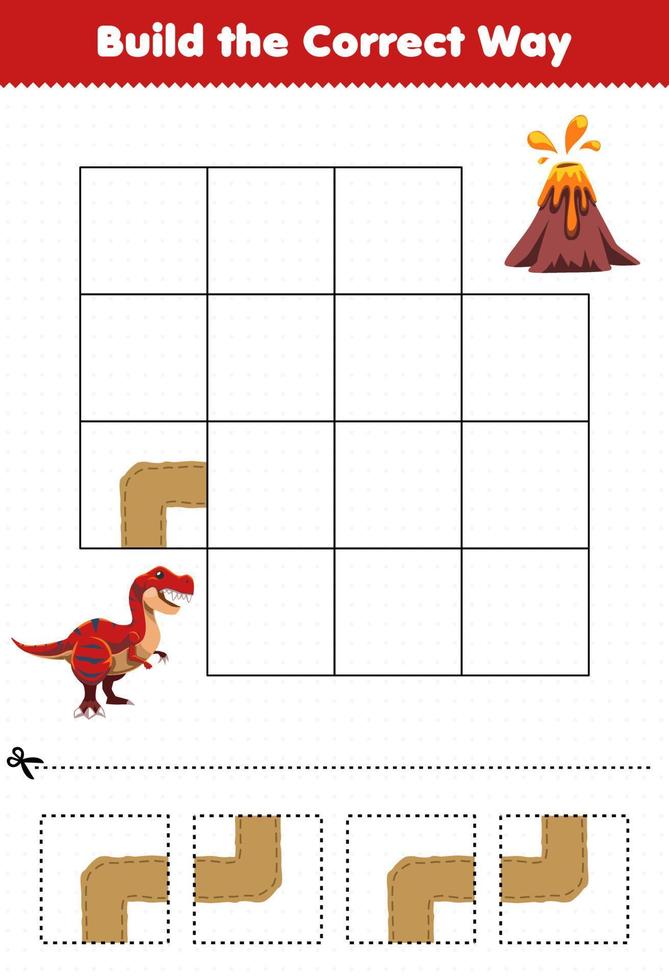 Education game for children build the correct way help cute prehistoric dinosaur tyrannosaurus move to volcano vector