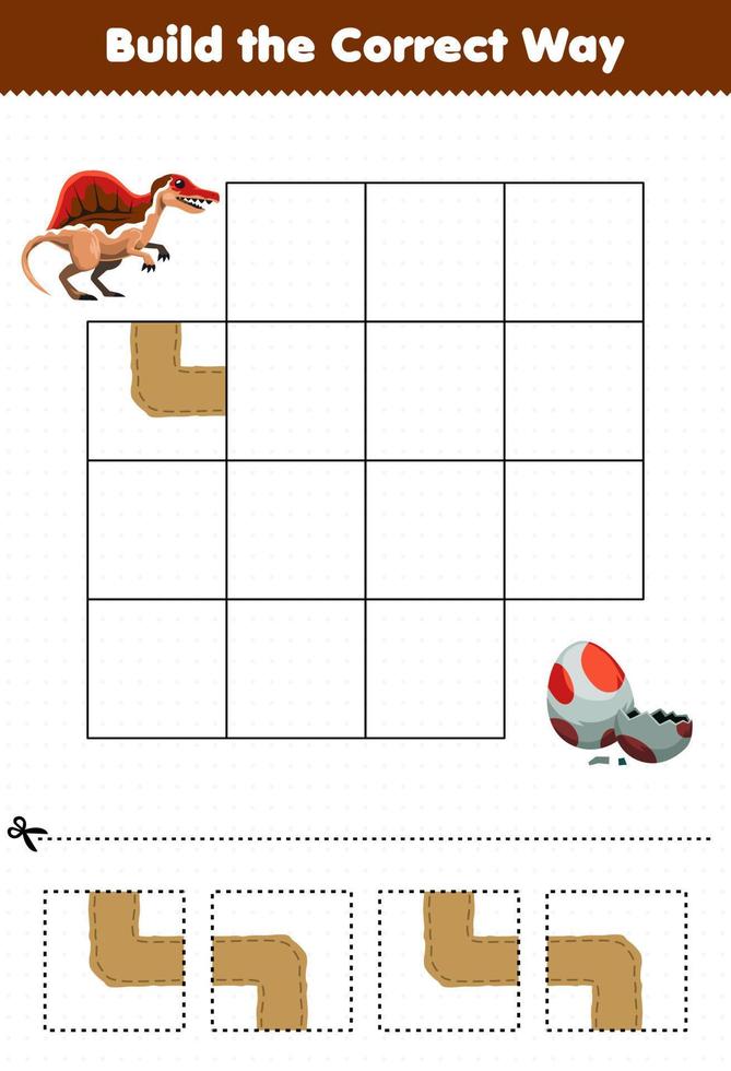 Education game for children build the correct way help cute prehistoric dinosaur spinosaurus move to egg vector