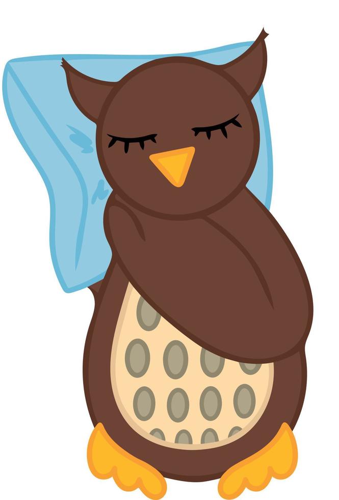 Sleepy owl sleeps on pillow on white background. Vector illustration. Design element for poster label sign emblem menu