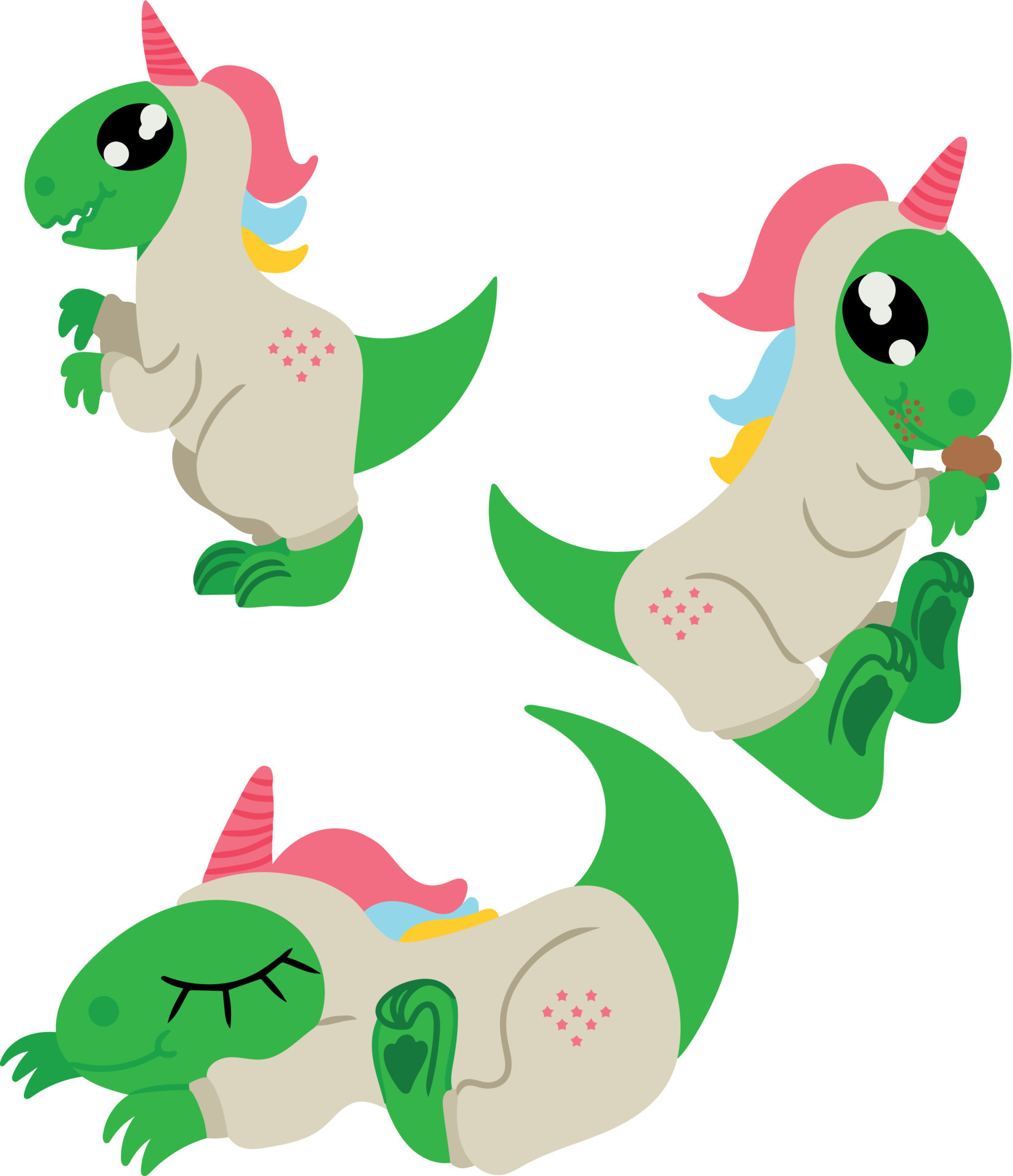 conjunto de lindos dinosaurios en unicornio kigurumi. que se queda ahí parado comiendo muffin y durmiendo uno. Imagen aislada sobre fondo blanco. ilustración vectorial de diseño 9639182 Vector en Vecteezy