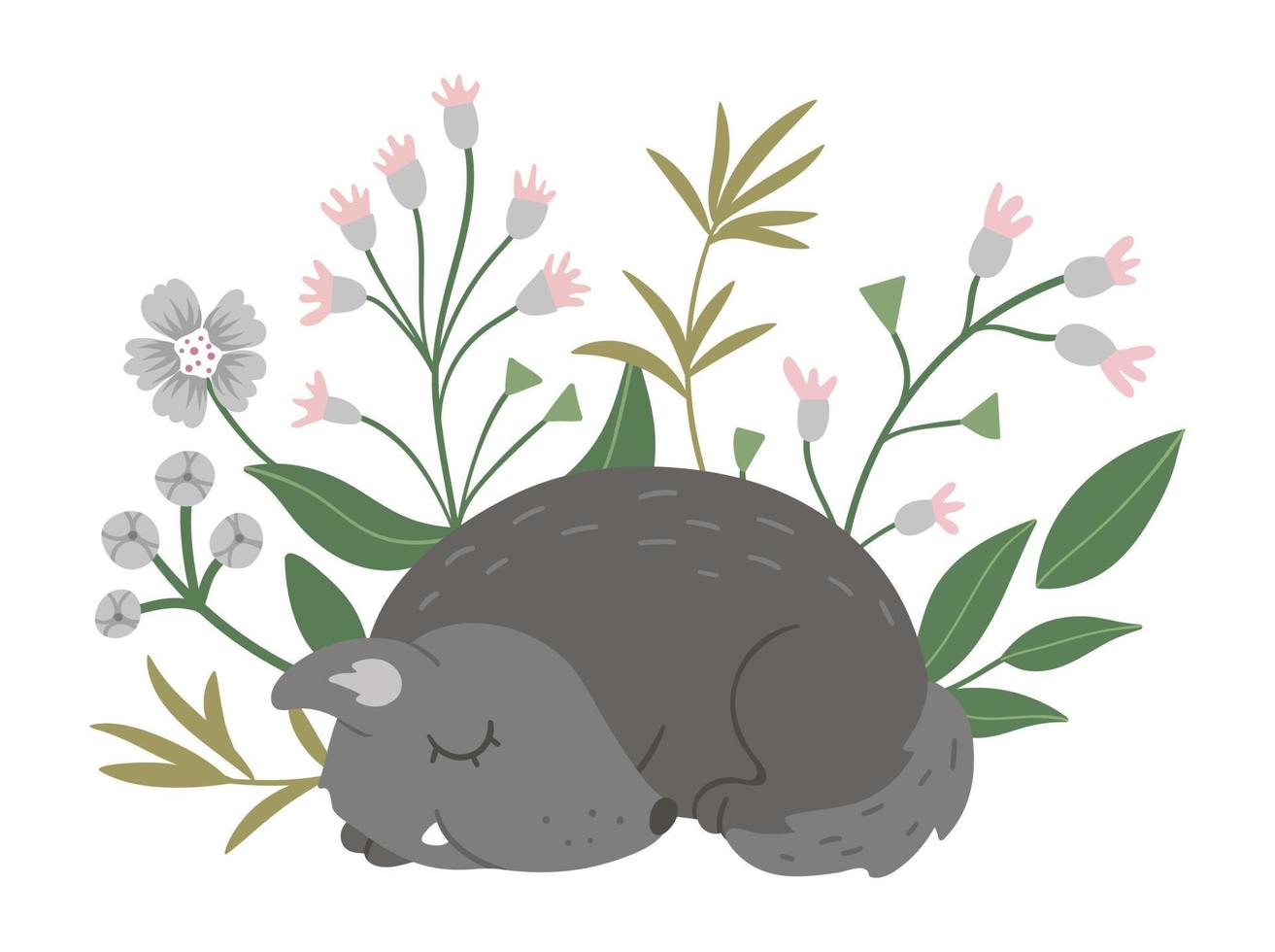 Vector hand drawn flat sleeping wolf with flowers and leaves. Funny scene with woodland animal. Cute forest animalistic illustration for children design, print, stationery