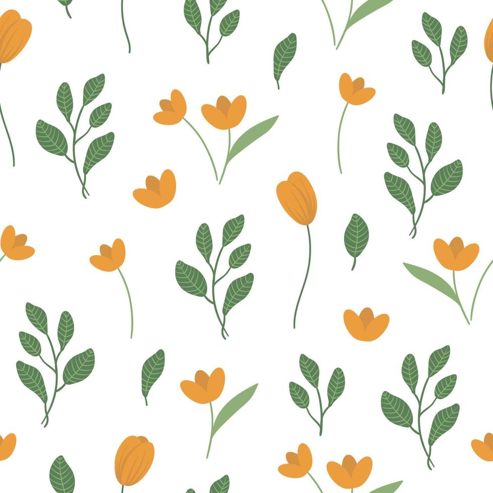 Vector floral seamless background. Flat simple trendy illustration with flowers and leaves. Repeating pattern with meadow, woodland, forest plants.