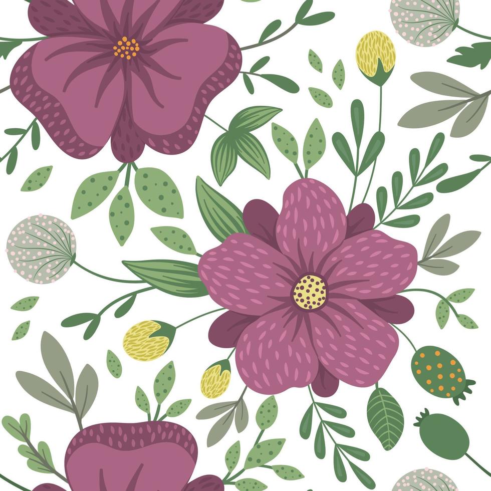 fondo transparente floral vectorial. ilustración de moda plana con flores, hojas, ramas. patrón repetitivo con prado, bosque, plantas forestales. vector