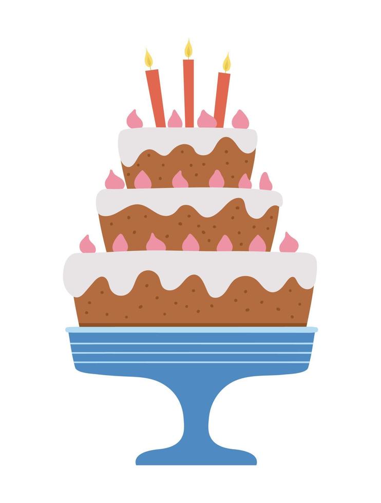 pastel de cumpleaños vectorial con velas. linda y graciosa ilustración de postre de b-day para tarjeta, afiche, diseño de impresión. brillante concepto de vacaciones para niños aislado sobre fondo blanco. vector