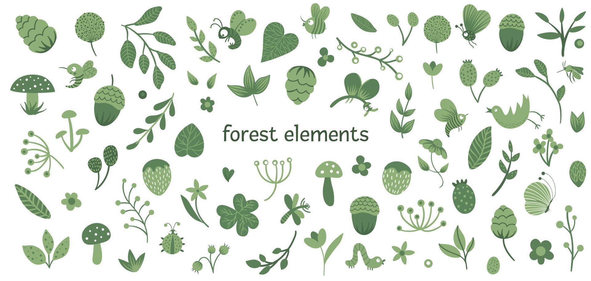 Vector set of cute flat woodland insects and plants. Forest elements collection. Beautiful childish design for stationery, textile, wallpapers. Monochrome green color.