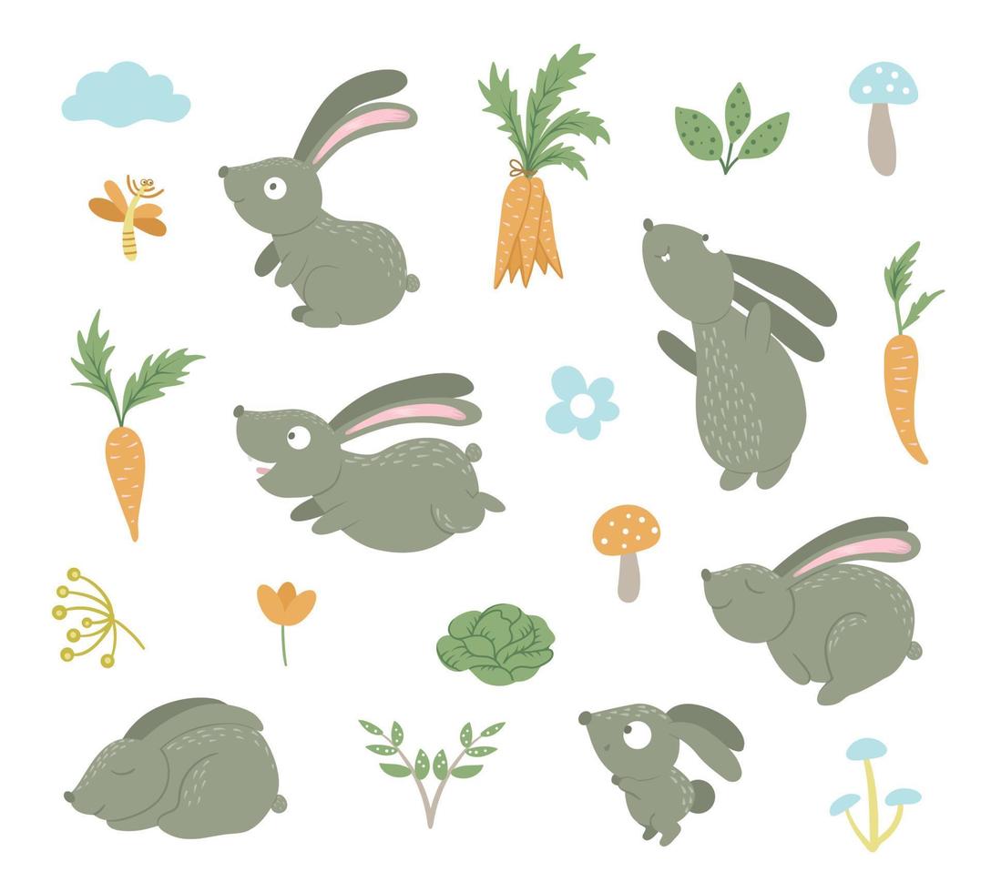 Vector set of cartoon style flat funny rabbits in different poses with carrot, cabbage, flowers, cloud, clip art. Cute illustration of woodland animals. Collection of hares for children design