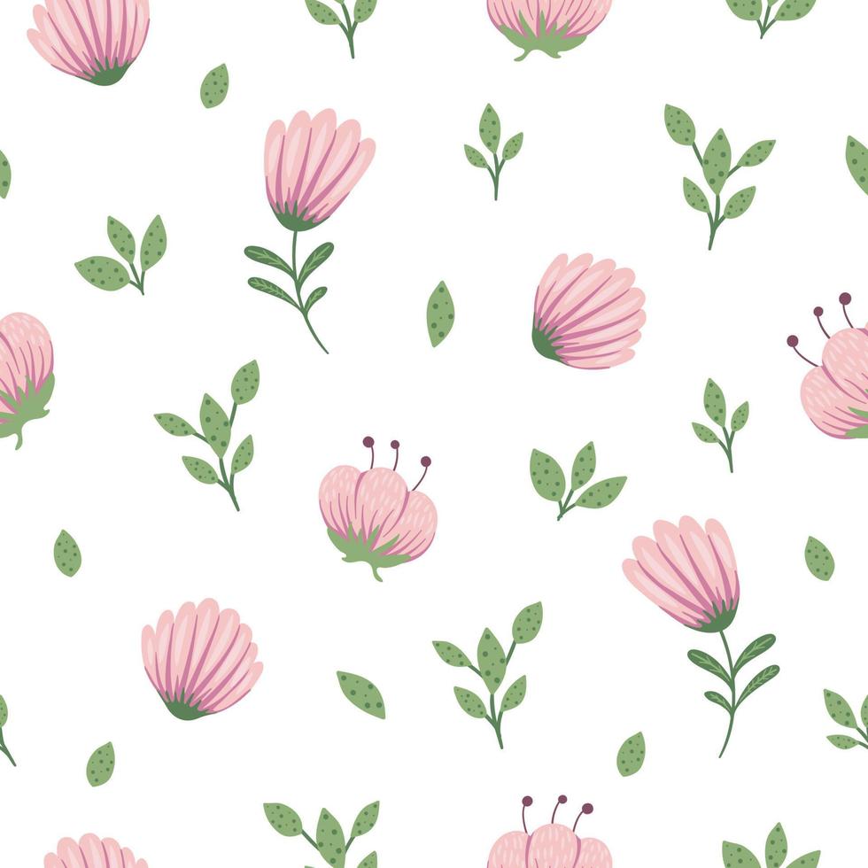 Vector floral seamless background. Flat simple trendy illustration with flowers and leaves. Repeating pattern with meadow, woodland, forest plants.