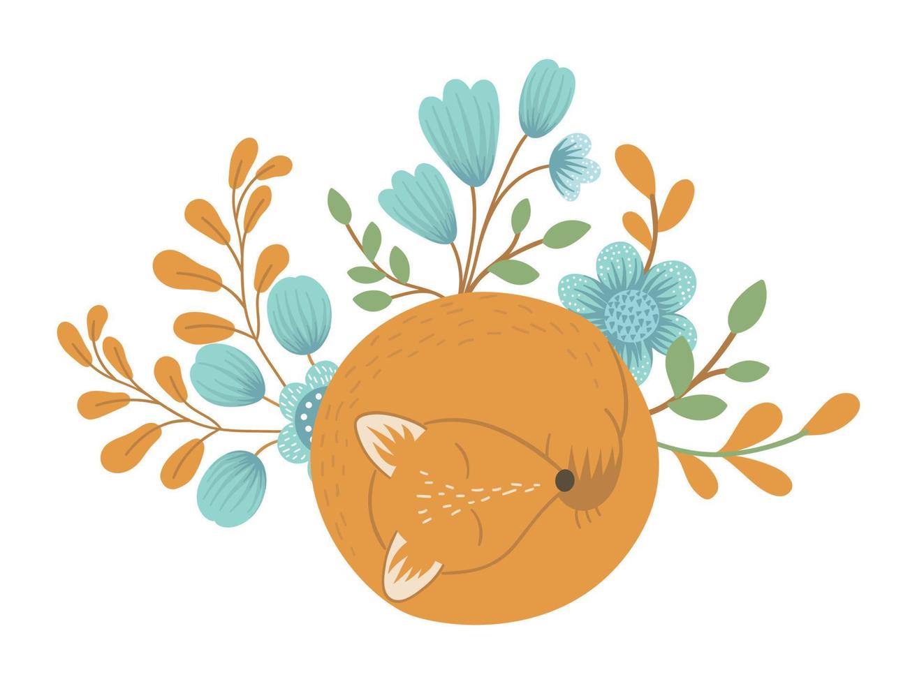 Vector hand drawn flat sleeping fox with flowers and leaves. Funny scene with woodland animal. Cute forest animalistic illustration for children design, print, stationery