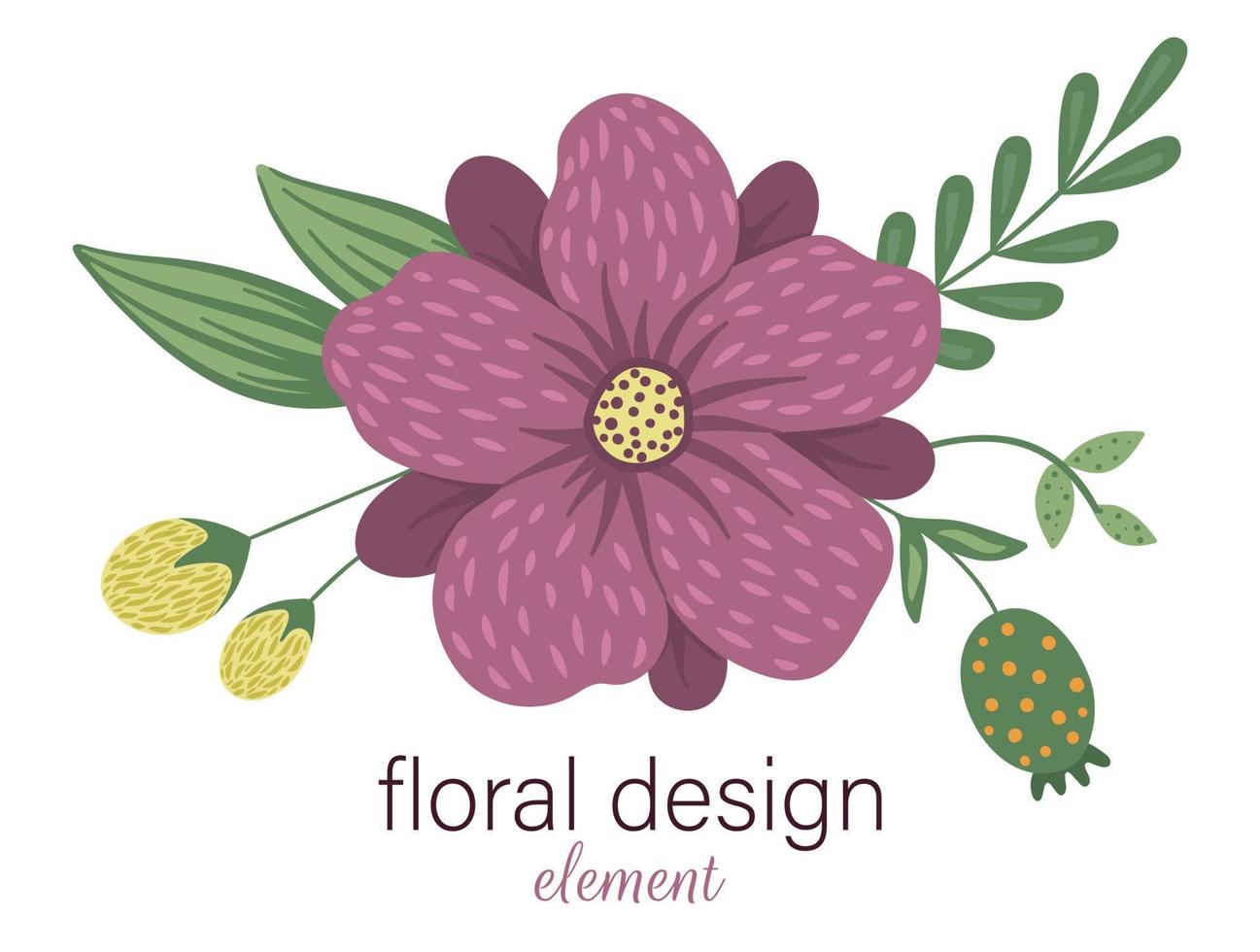 elemento decorativo floral vectorial. ilustración plana de moda con flores, hojas, ramas. prado, bosque, imágenes prediseñadas de bosque. hermoso ramo de primavera o verano aislado sobre fondo blanco vector